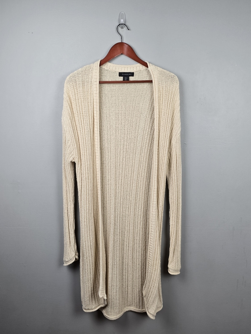 Tahari Neutral Long Open Knit Cardigan Cream Womens Size M Lightweight Layering